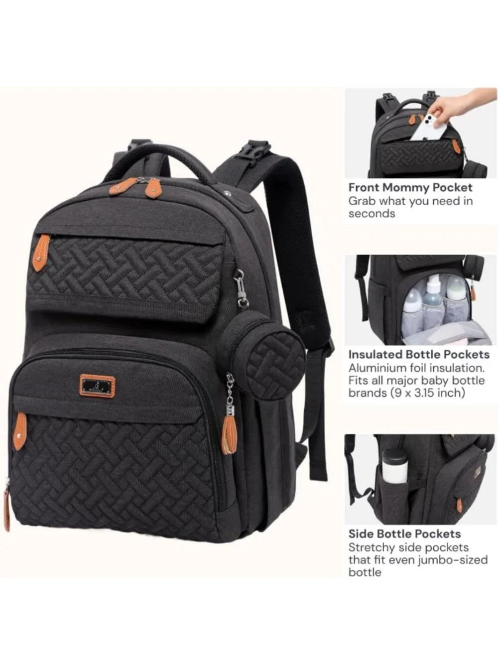 Large Waterproof Diaper Bag Backpack with Changing Pad, Stroller Clips